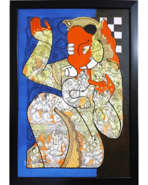 Lord Ganesha canvas painting in Pattachitra style with orange face, blue background, and intricate mythological detailing inside the deity’s form.