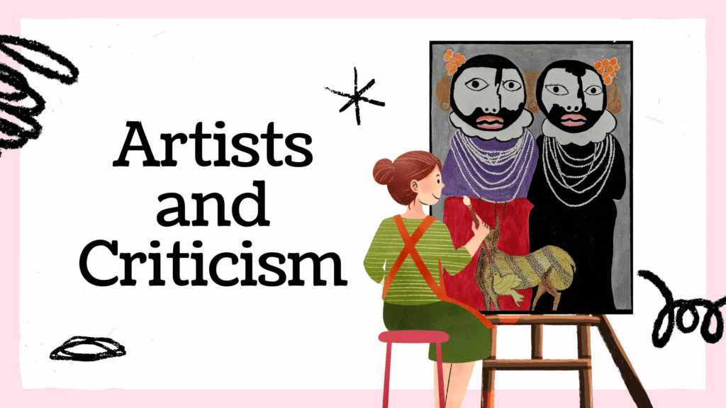 Woman painting tribal folk-inspired modern artwork with two figures and an animal.